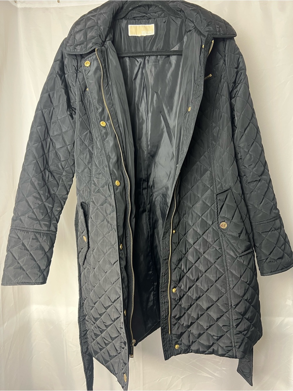 Michael Kors Black Quilted Long Jacket Coat Gold Hardware